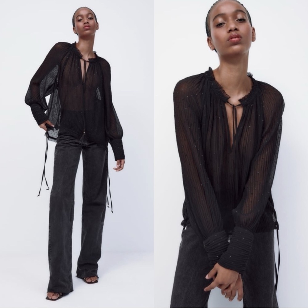 Zara Black Sheer Blouse with Metallic Accents​